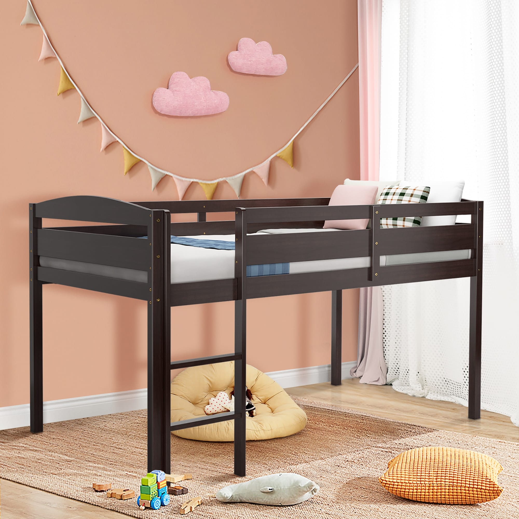 Gymax Twin Size Loft Bed Wooden Slats Support Loft Bed Frame w/ Ladder