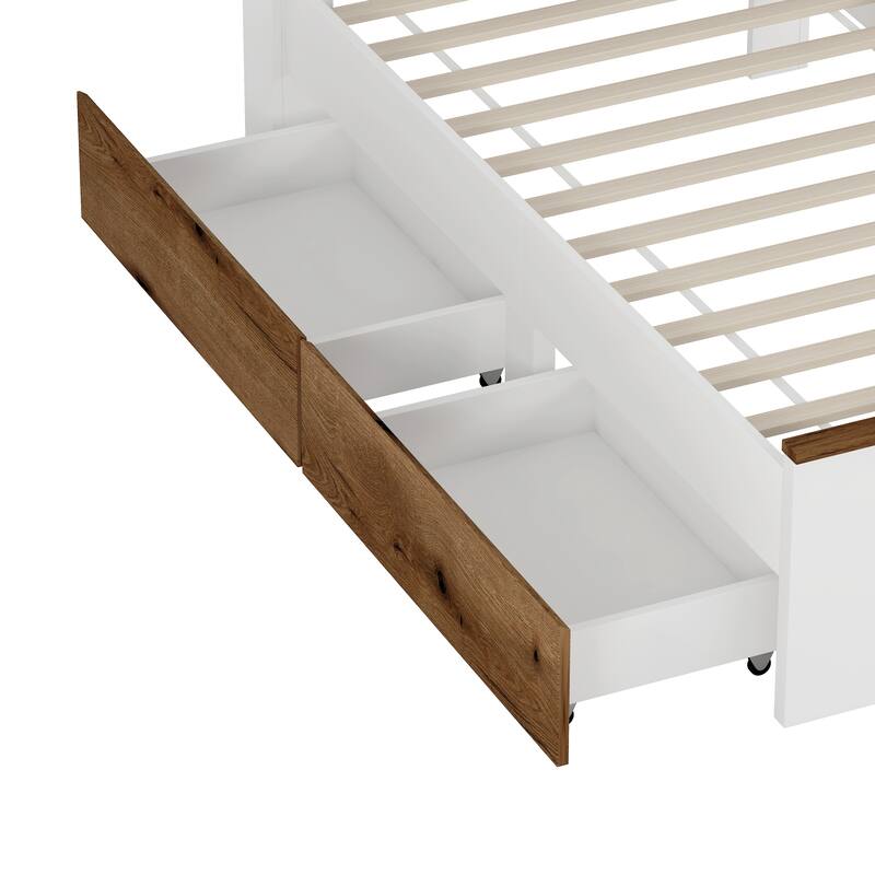 Fun House-Shaped Twin Platform Bed with Storage Drawers and Headboard Shelf, Brown and White