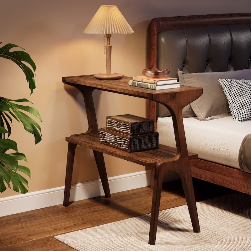 Wood 2-Tier Slim End Side Chairside Table for Living Room