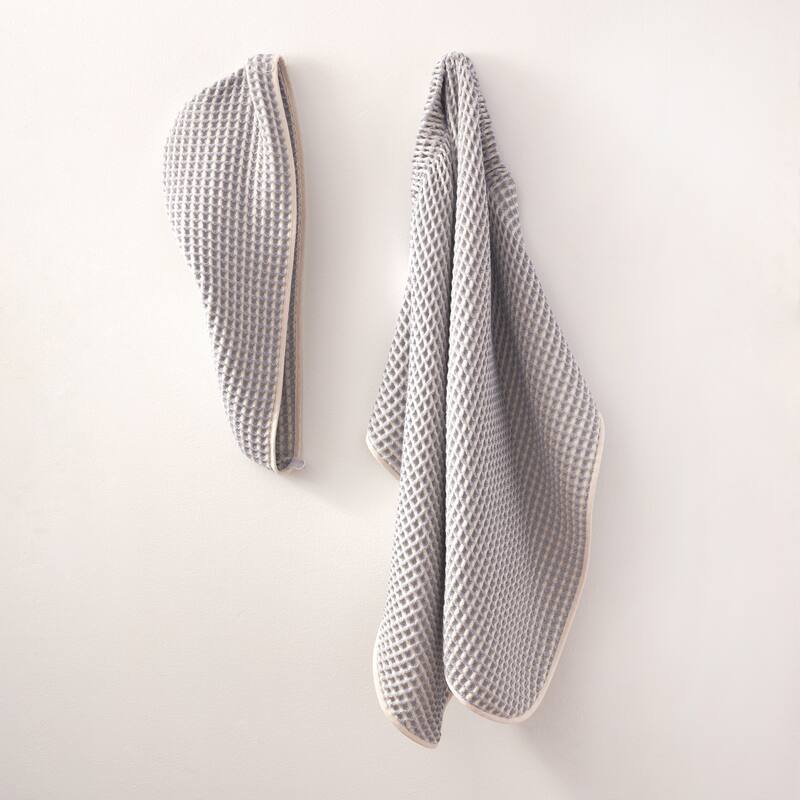 DKNY PURE Yarn Dyed Waffle Body Wrap and Hair Wrap Set - Blue