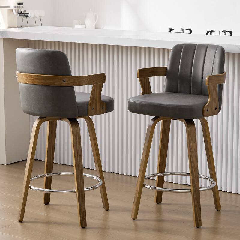 Upholstered Wood Swivel Counter Height Barstool with Arms - 37.8"H x 18.7"W x 19.29"D - Set of 2 - Grey