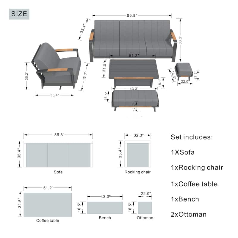 Outdoor Indoor Aluminum Patio Sofa with Coffee Table Collection ,Grey(You can choose one set or a single piece)
