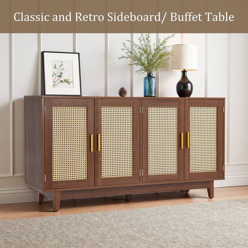 Wood TV Stand for up to 60" TVs with Four Rottan Doors