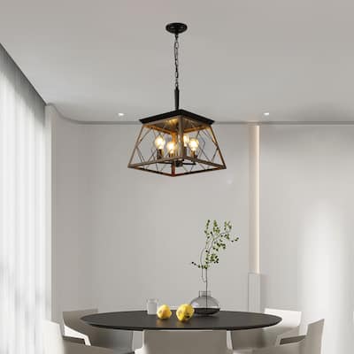16" Walnut Industrial 4-Light Pendant Chandelier-Modern Metal Cage Design
