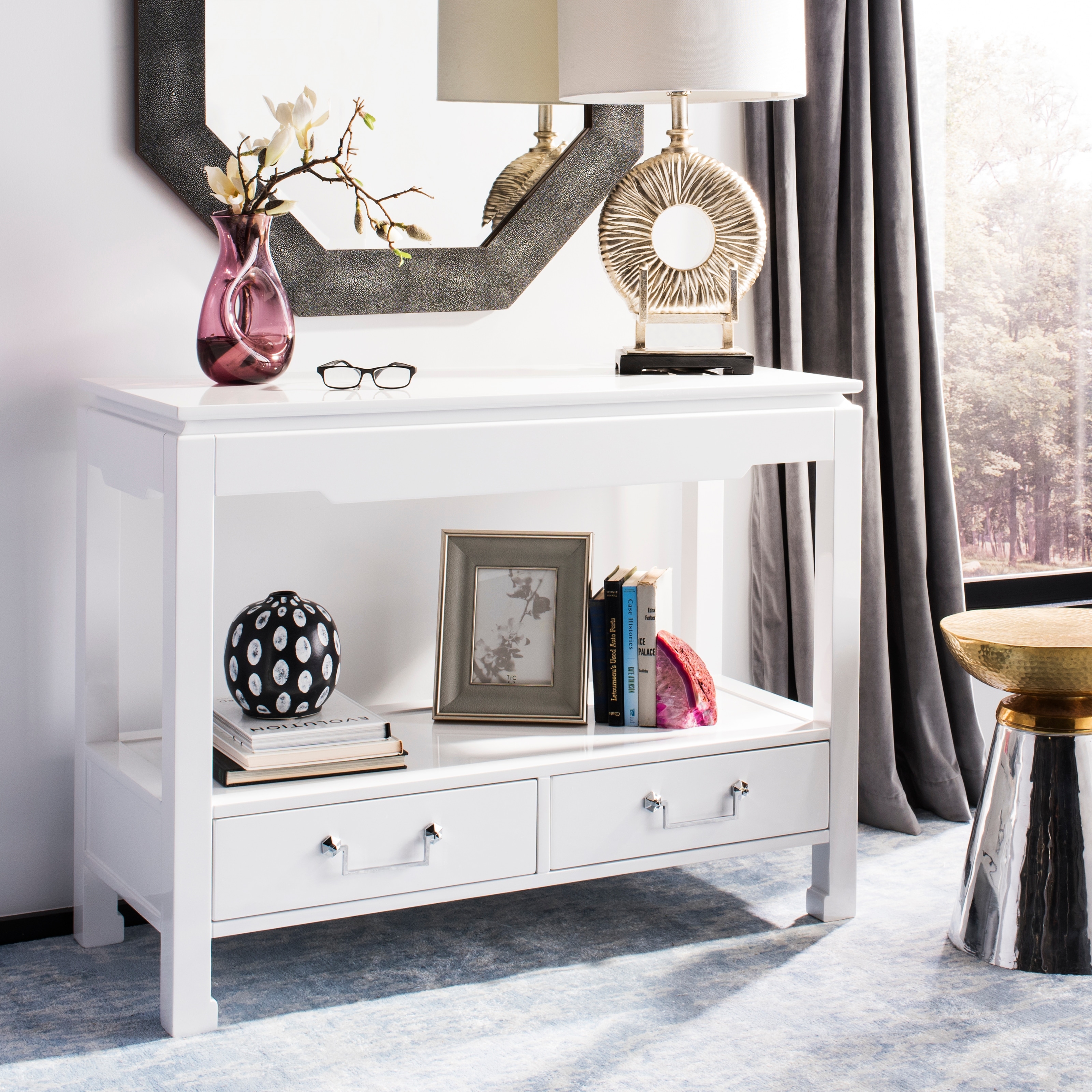 White Lacquer Console Table With Drawers