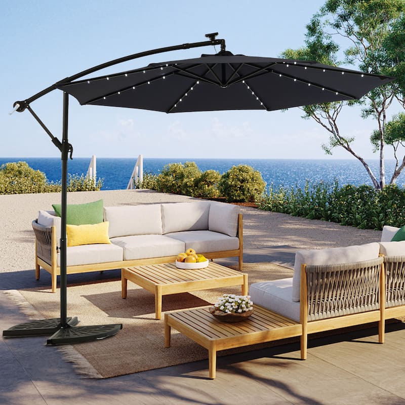 HOMEFUN 10ft Solar LED Offset Hanging Market Patio Umbrella - Navy Blue