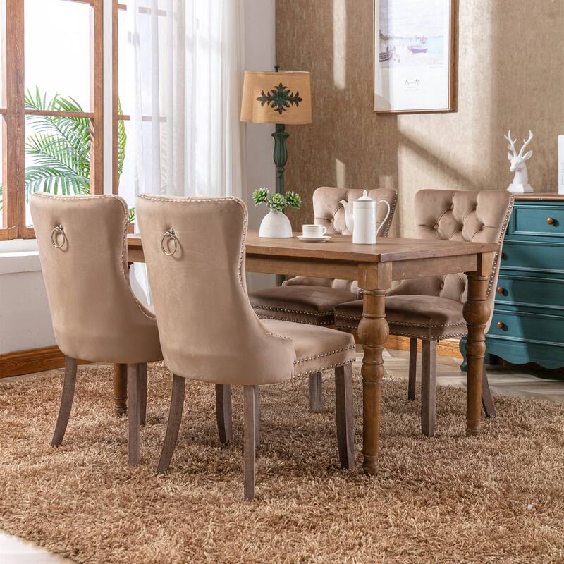 Velvet Dining Chairs Set of 2, Tufted Upholstered Side Chair, Dining Room Chair with Back Ring Pull Trim & Solid Wood Legs