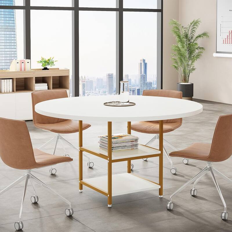 47-Inch Round Wood Conference Table with Storage Shelf Office Training Desk for Conference/Seminar Room