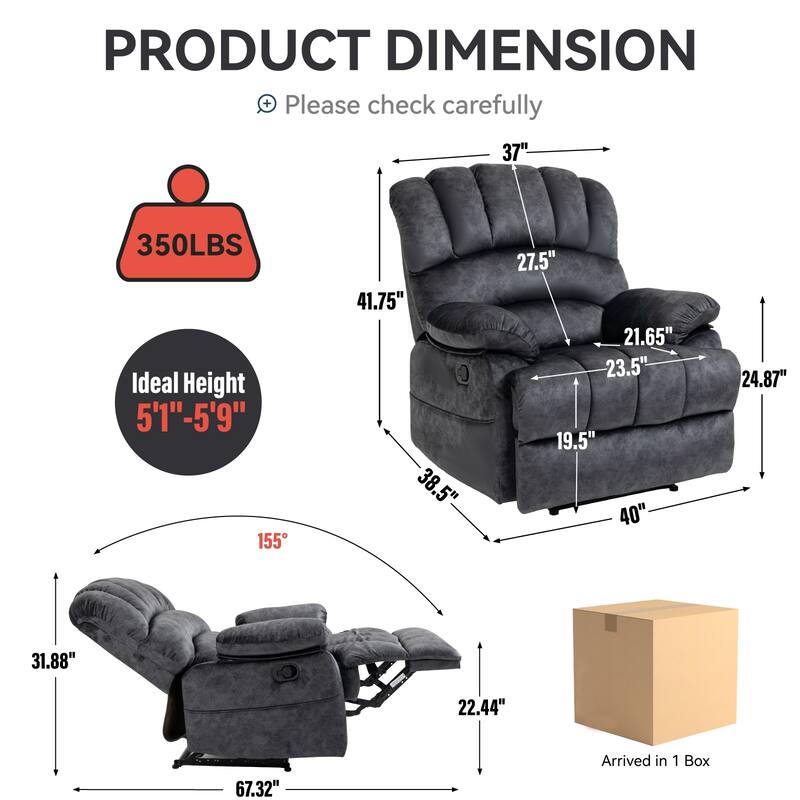Oversized Fabric Manual Reclining Chair, Ergonomic Upholstered Sofa Chair, Heavy Duty Recliner Chair for Living Room, Bedroom