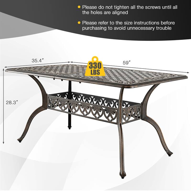 59'' Outdoor Dining Table All-Weather Cast Aluminum Umbrella Hole