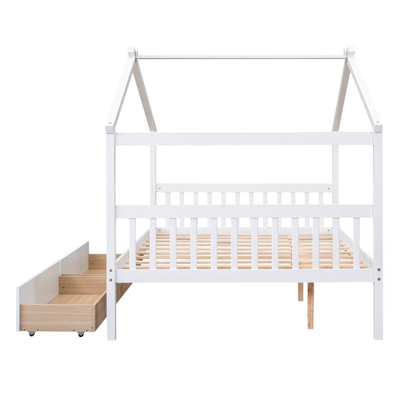 Full Size Wooden House Bed with 2 Drawers, Pinewood Frame, Kids Daybed, No Box Spring Needed