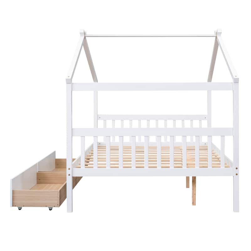 Full Size Wooden House Bed with Storage Drawers - Imaginative Kids Bed Frame