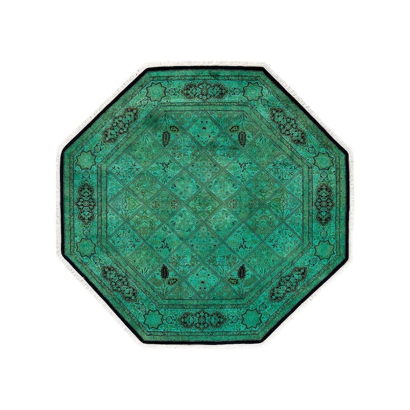Overton Hand Knotted Wool Vintage Inspired Modern Contemporary Overdyed Green Octagon Area Rug - 6' 1" x 6' 1"