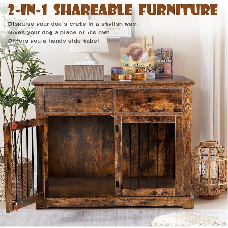 BOSSIN 44 Inch Large Dog Crate Furniture, Wooden Dog Kennel End Table with Storage Drawers, Decorative Pet Crates Dog House