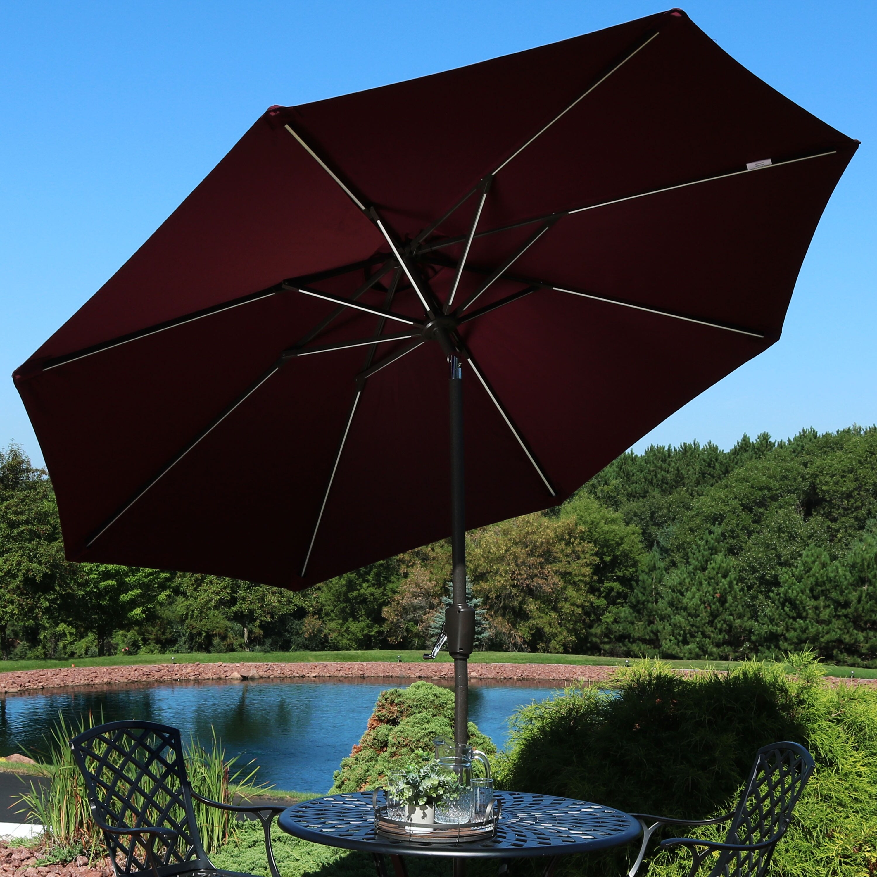 Shop Black Friday Deals On Sunnydaze 9 Foot Fade Resistant Patio Umbrella Solar Led Lights Burgundy 9 Ft Overstock 24010346