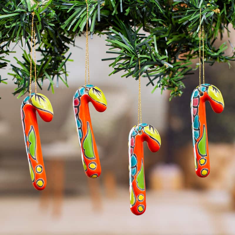 Novica Handmade Vermilion Canes Ceramic Ornaments (Set Of 4)