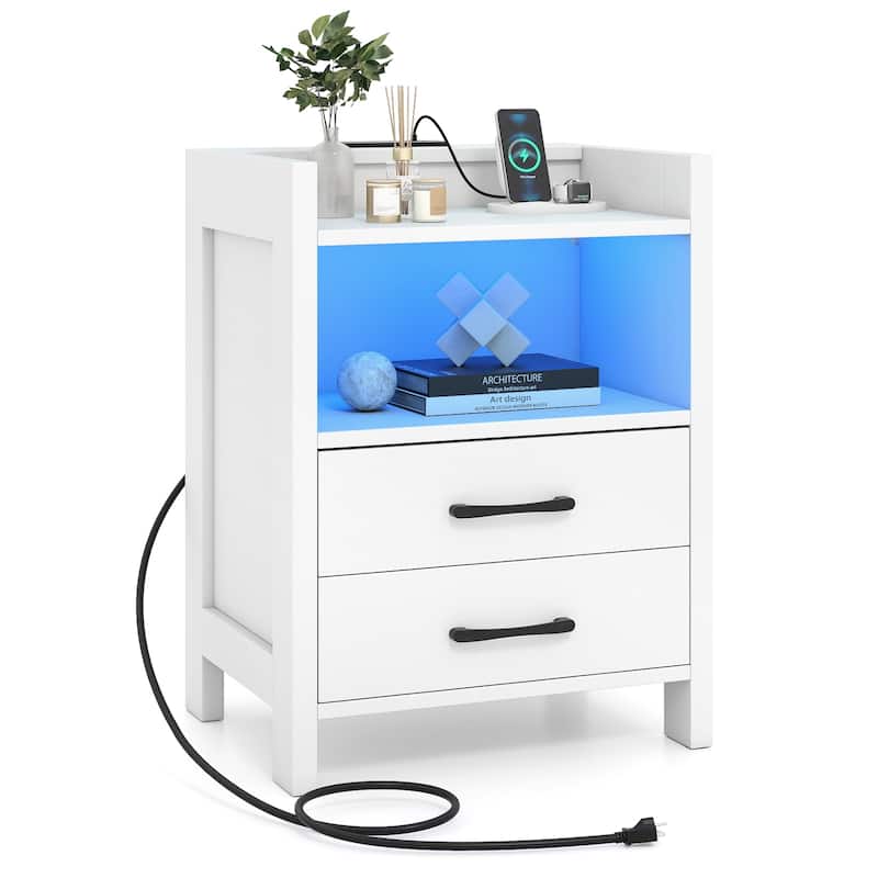 Gymax Nightstand w/ LED Lights & Charging Station 23.5'' Smart Bedside - 1 pcs - 1 pcs - White - MDF