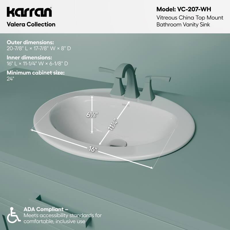 Karran Valera 21" Oval Top Mount Vitreous China Bathroom Sink in White