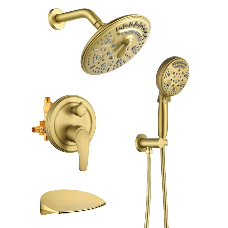 Wall Mount Tub Shower Faucet With Rough-in Valve Complete Shower System With Handheld And 8 Inch Shower Head Combo Kit Trim Set - Brushed Gold