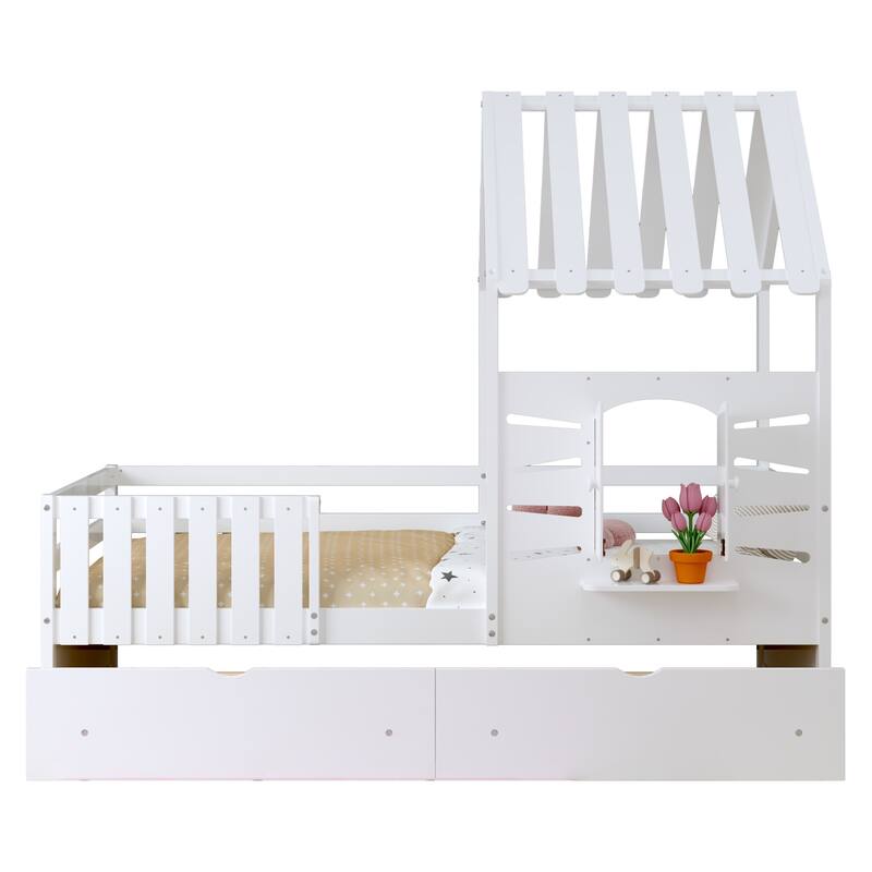Twin Bed Frames for Kids,Twin Size House Bed With 2 Storage Drawers and Guardrails, Playhouse Bed With Roof and Window