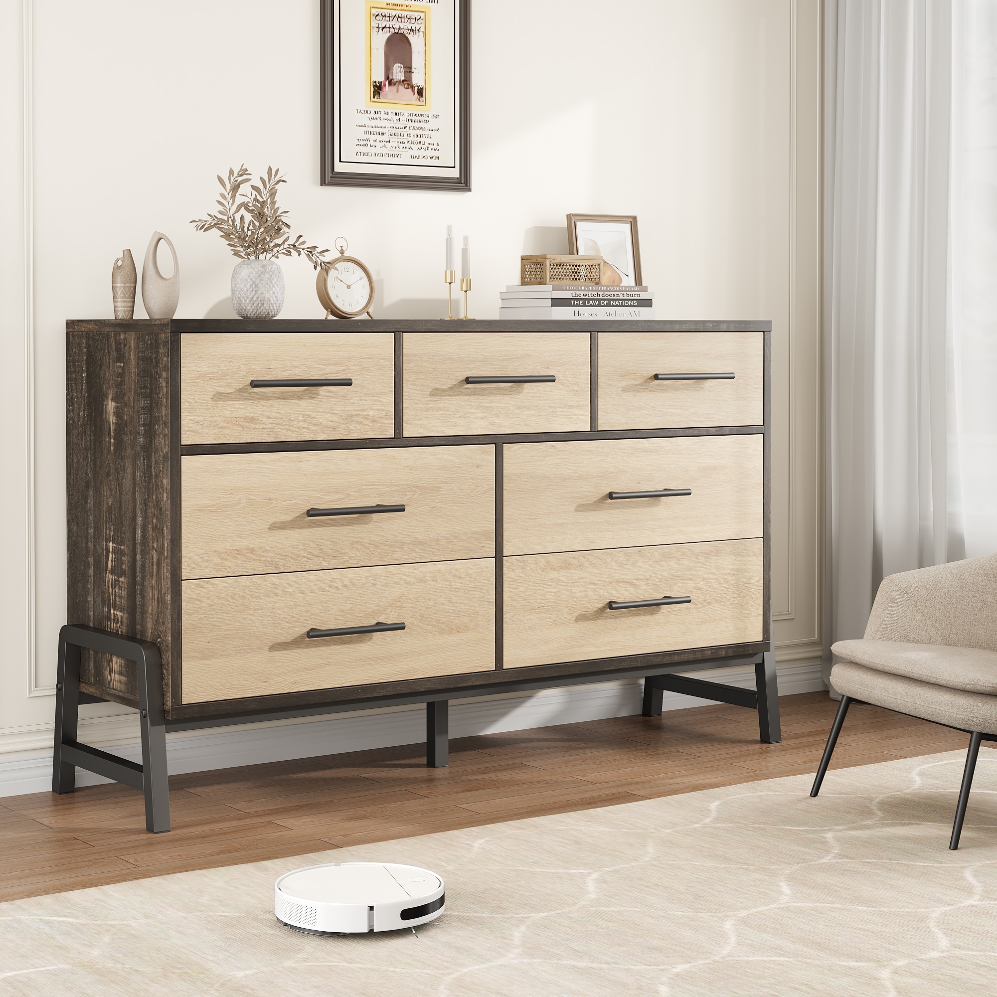 52" 7-Drawer Freestanding Wood Cabinet. Extra-Large Storage Unit for Closet Organization. Living Room. or Entryway