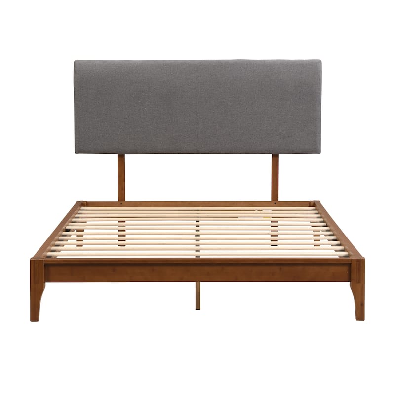 Solid Dry Bamboo Wood Platform Bed with Bamboo Frame, Upholstered Adjustable Headboard, Noise-Free Design, Easy Assembly