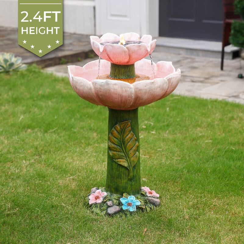 Solar Powered Pink Flower 2-Tier Resin Birdbath Fountain with Lights