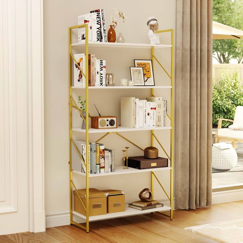 5 Tiers Wood Gold Bookshelf Modern Wide Bookcase Large Book Storage Rack White Gold