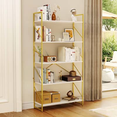 5 Tiers Wood Gold Bookshelf Modern Wide Bookcase Large Book Storage Rack White Gold