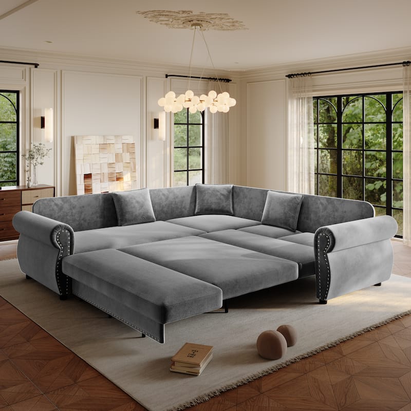 88.2" L-Shaped Sleeper Sectional Sofa with Pull-Out Bed - Chenille Convertible Couch, Nailhead Trim, for Living Room