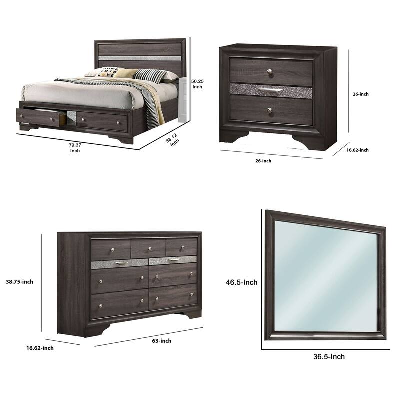 Isy Four Piece King Size Bedroom Set, Silver Accent Knobs, Contemporary Gray