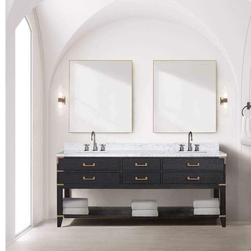 Lexora Norwalk Bath Vanity, Carrara Marble Top, Faucet Set, and Mirror