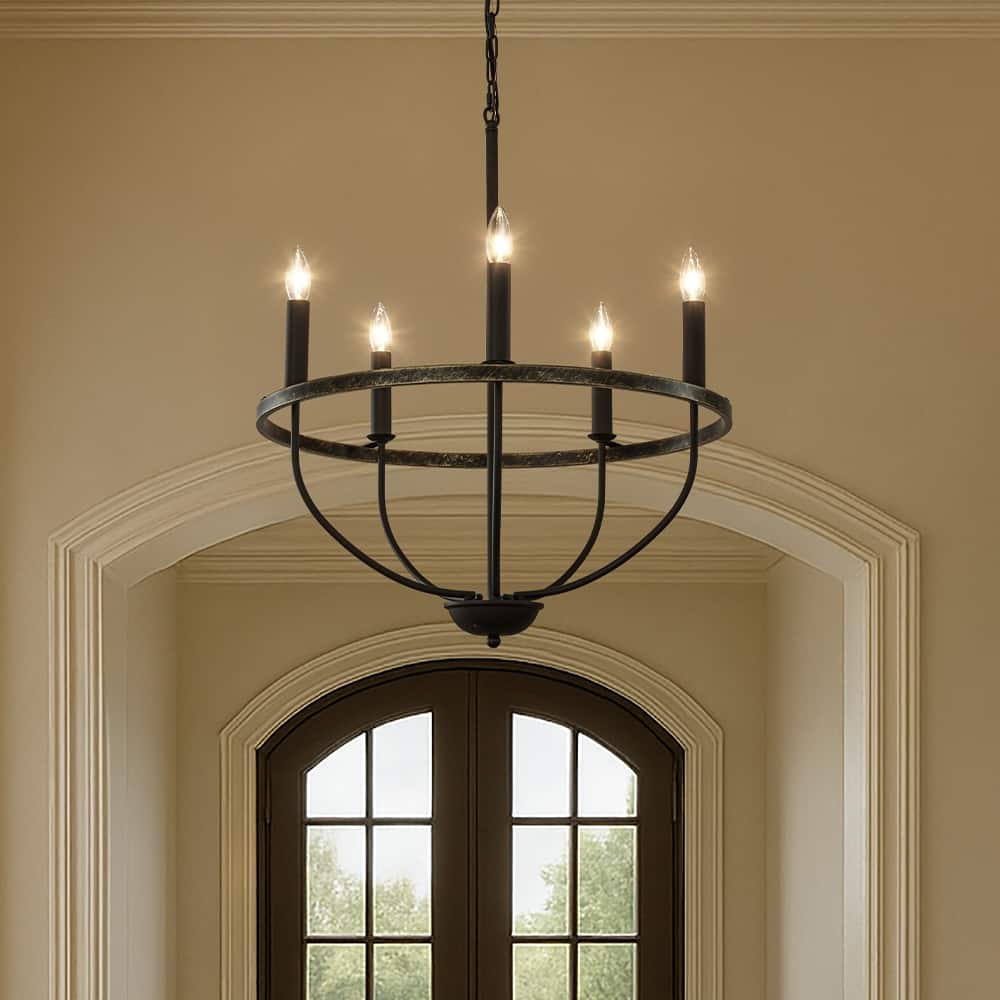 26'' 5-Light Modern Matt Black Classic Candelabra Chandelier Industrial Candle Pendant Light For Living Room Dining Room - W24''