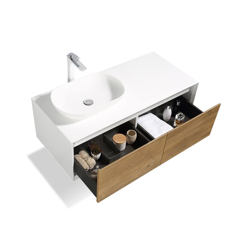 Wall Mounted Bathroom Vanity Set with White Solid Surface Top and Vessel Sink