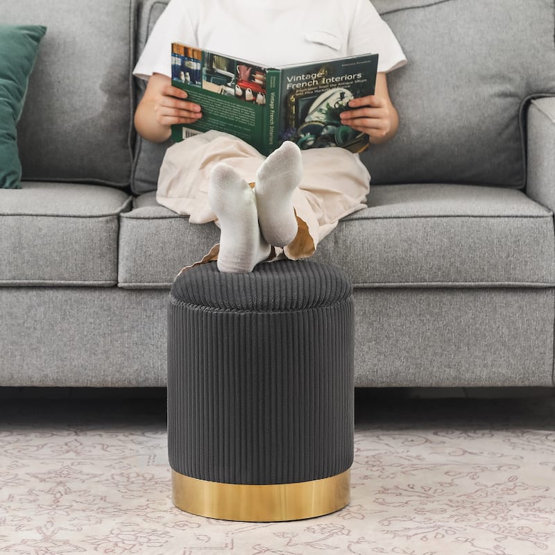 Adeco Round Storage Ottoman Footrest Stool Velvet Gold Plating Base