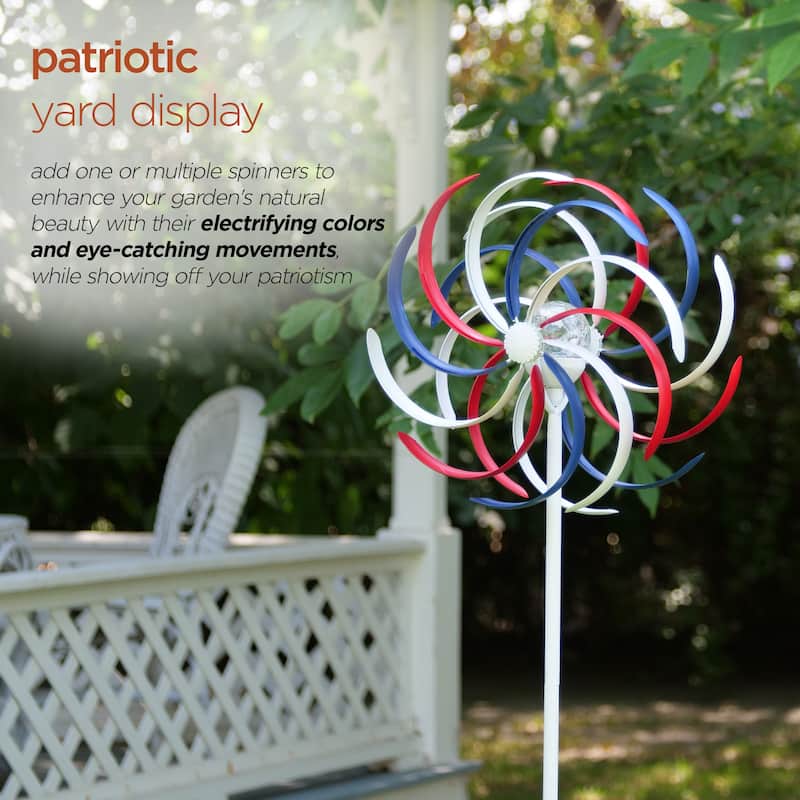 Alpine Corporation 68" Tall Outdoor Solar Powered Patriotic Dual Windmill Spinner Stake Yard Decoration, Red, White, and Blue