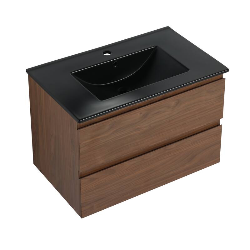 Modern 24" Floating Bathroom Vanity with Black Ceramic Basin, Soft-Close Drawers, Water-Resistant Melamine Surface