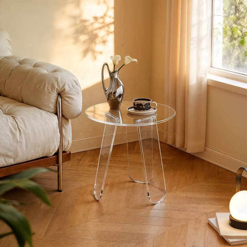 Acrylic Coffee Side Table Round Iridescent Rainbow End Table with PVC Table Cover - Clear