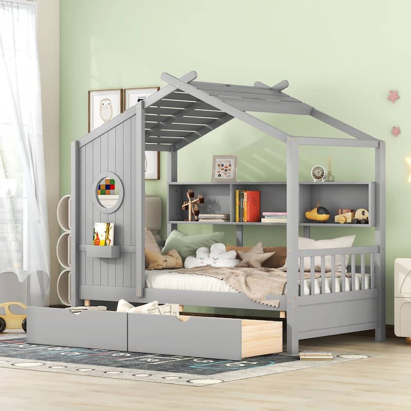 Twin Size House Bed with Storage Drawers and Shelf, Gray Kids Playhouse Bed - Gray