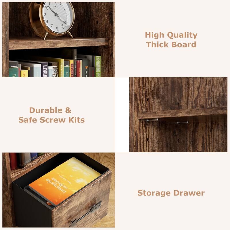 Javlergo Tall 7-Tier Adjustable Corner Bookcase with Drawer MDF Storage Shelf for Living Room Bedroom Kitchen and Entryway