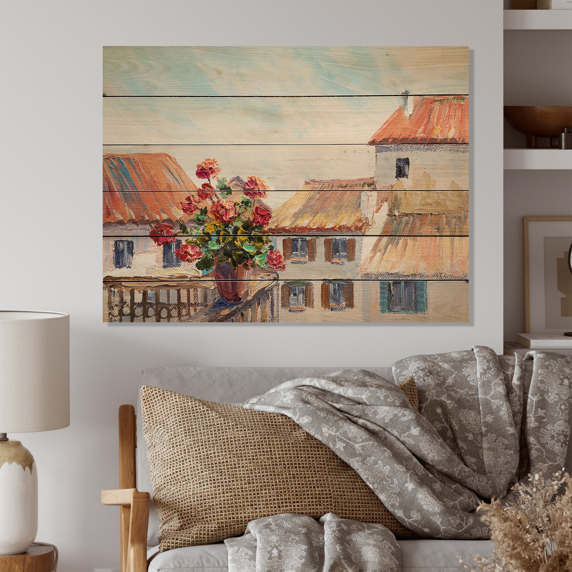 Designart 'French Red Roses In Balcony' French Country Wood Wall Art -  Natural Pine Wood - Bed Bath \u0026 Beyond - 36736098, image size:2000x2000