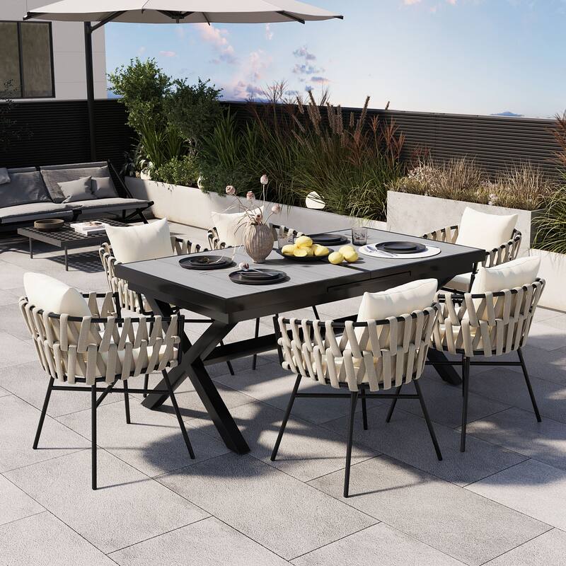Iron Frame 7-Pieces Outdoor Dining Table with 6 Single Chairs