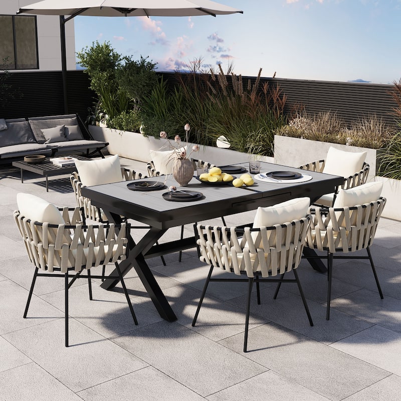 Outdoor 7-Piece Extendable Dining Table Set w6 Weaving Dining Chairs - Gray Natural