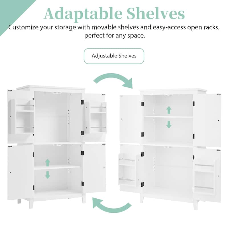 Tall Bathroom Floor Cabinet with Adjustable Shelves, Freestanding Storage Unit with 4 Doors