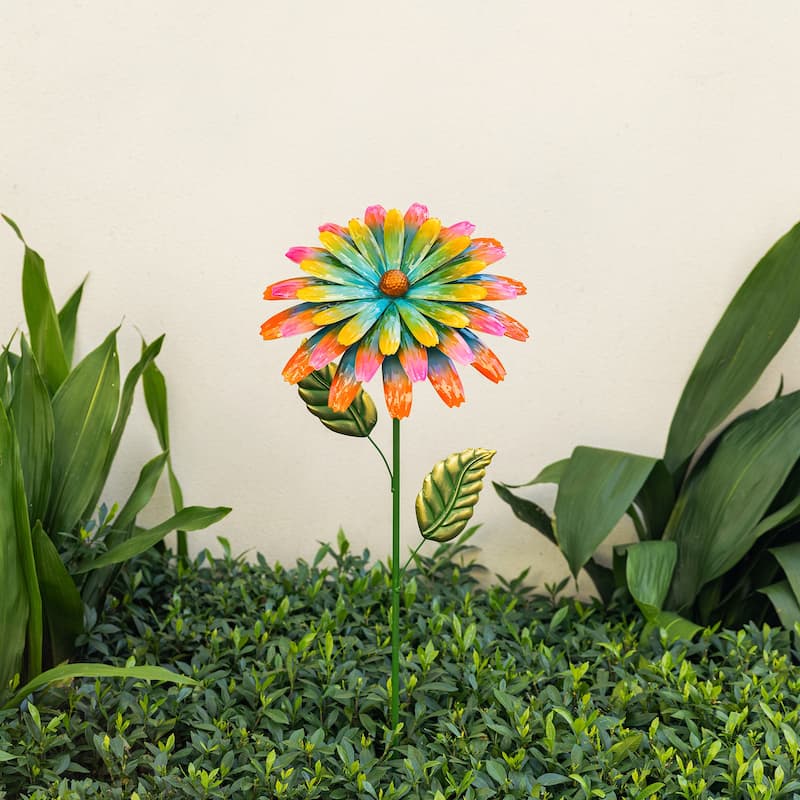Glitzhome 41"H Metal Flower Yard Stake Hand Painted Garden Flower with Blue Yellow Petals Spring Decor