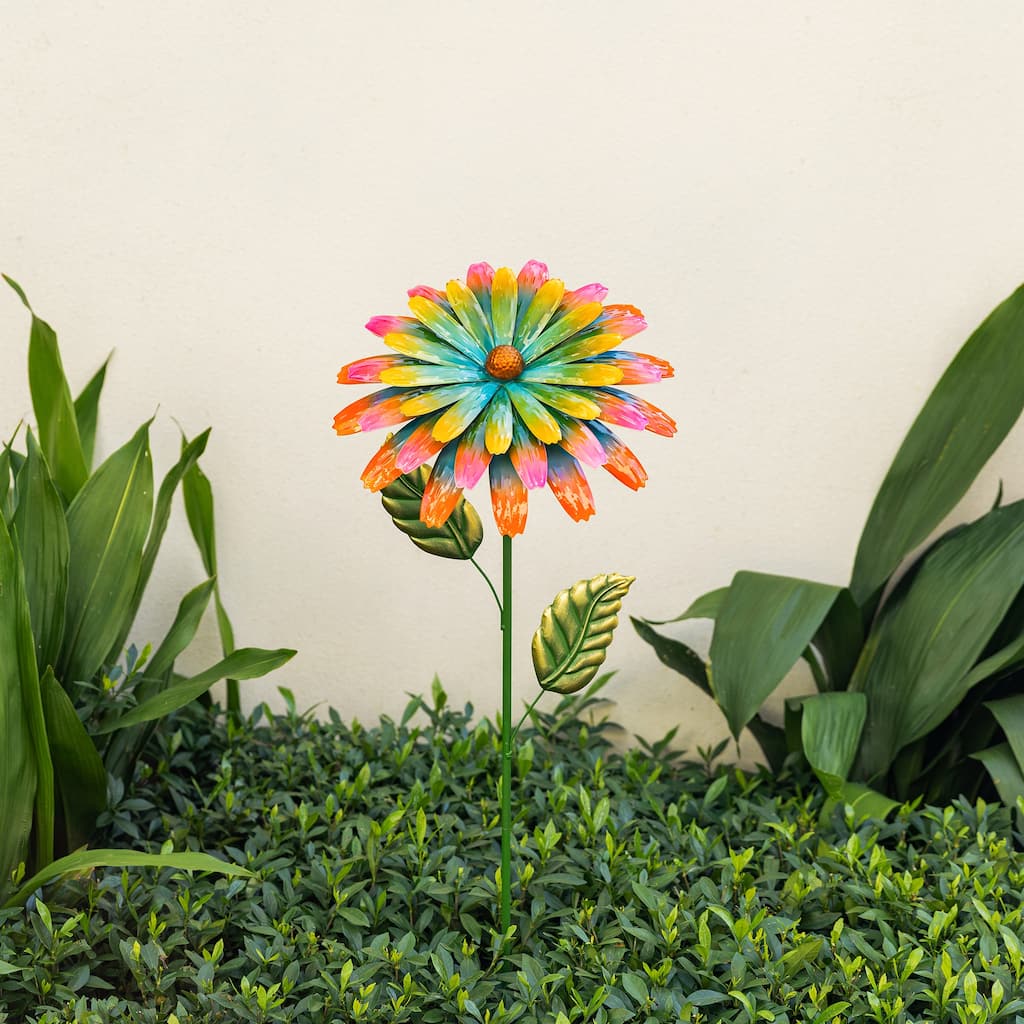 Glitzhome 41"H Metal Flower Yard Stake Hand Painted Garden Flower with Blue Yellow Petals Spring Decor
