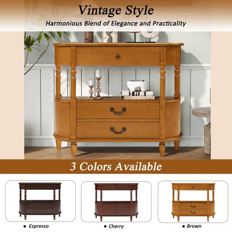 Retro 43" Curved Wood Console Table with 3 Drawers and Open Shelf, Sofa Table Behind Couch for Living Room and Hallway Storage