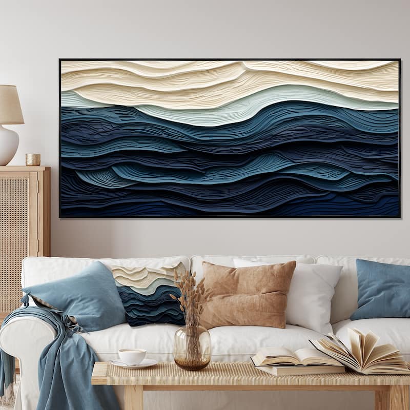 Designart "Blue And White Coastal Wave S Edge" Coastal Minimalism Blue Wall Decor Coastal Living Room Framed Canvas Art - 60 in. wide x 28 in. high - Black