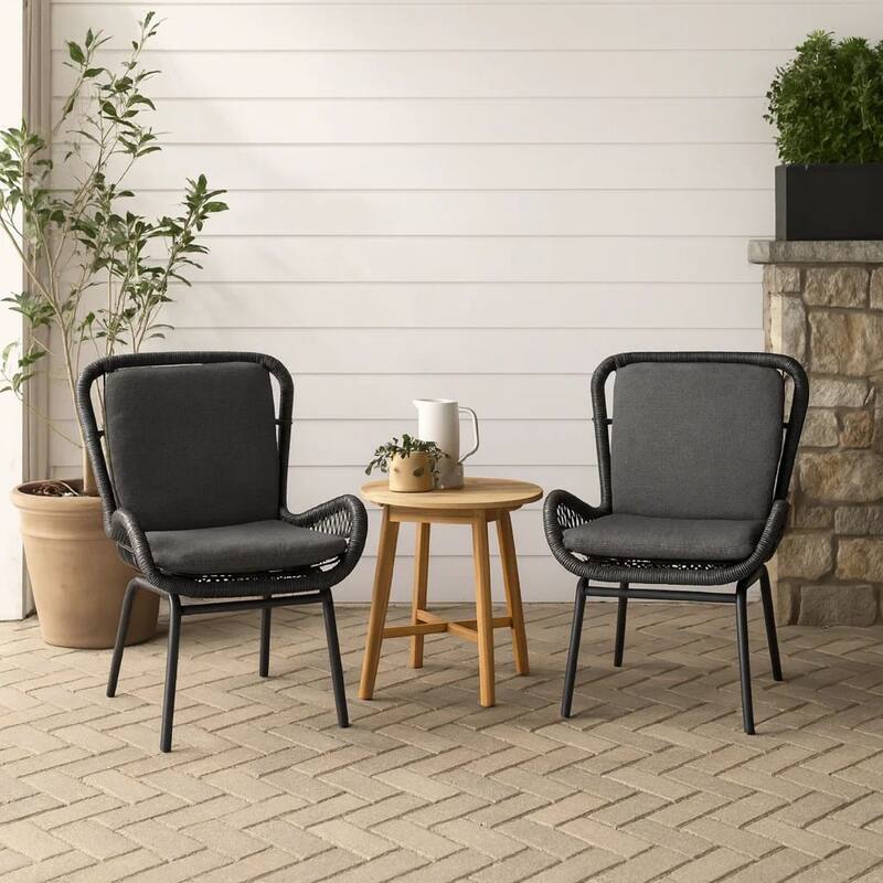 Patio Accent Chair Set of 2, Open Wicker, Round Edge, Black Iron, Gray