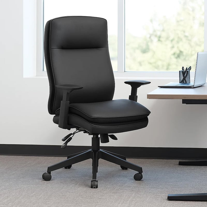 Executive Office Chair, Black Soft Vinyl, Nylon Base, 3 Paddle Tilt